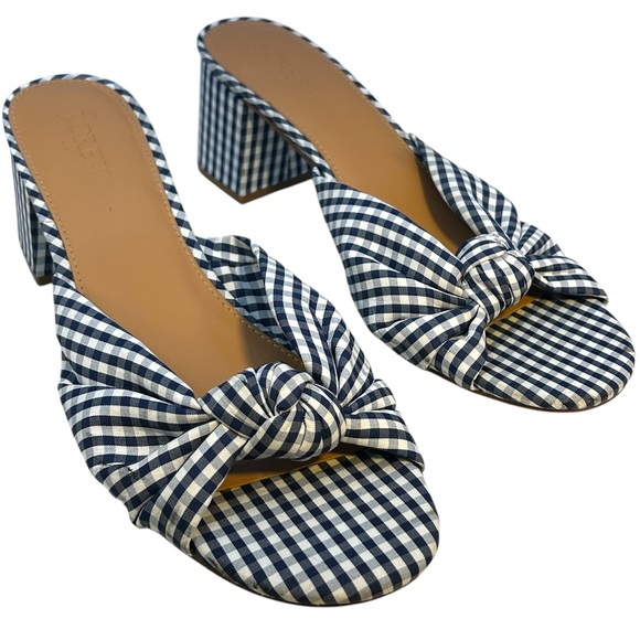 J.Crew ladies heels 10 blue white gingham slides sandals shoes knotted preppy - Picture 1 of 11